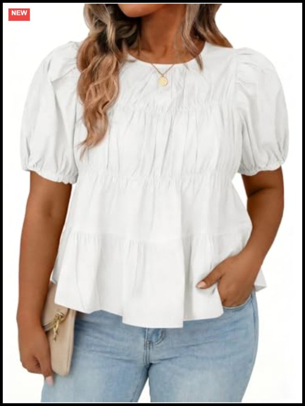 Cotton Plus Size Peplum Babydoll Top Puff Sleeve Tee